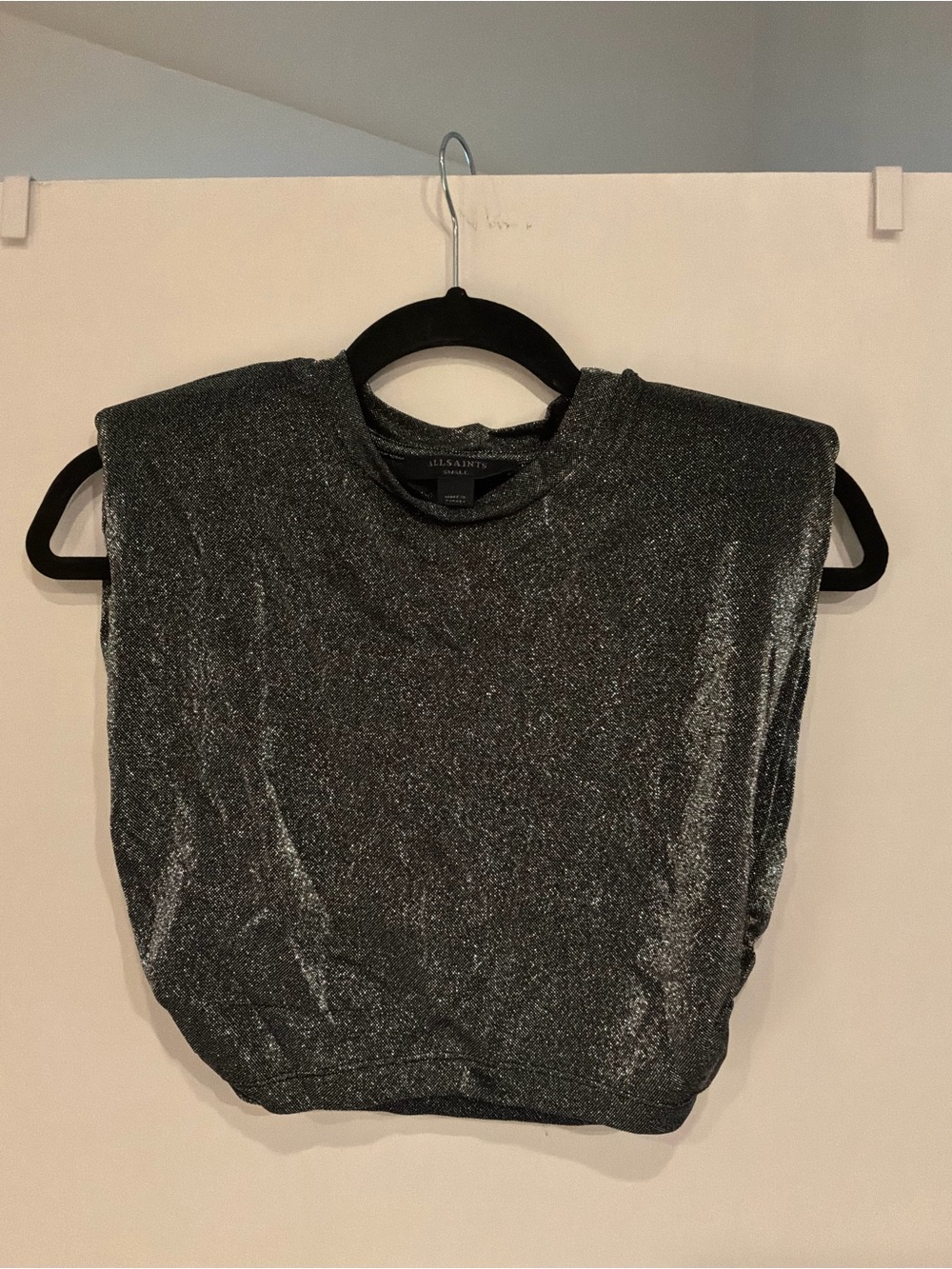 All Saints Shimmery Black Metallic Padded-Shoulder Tank
